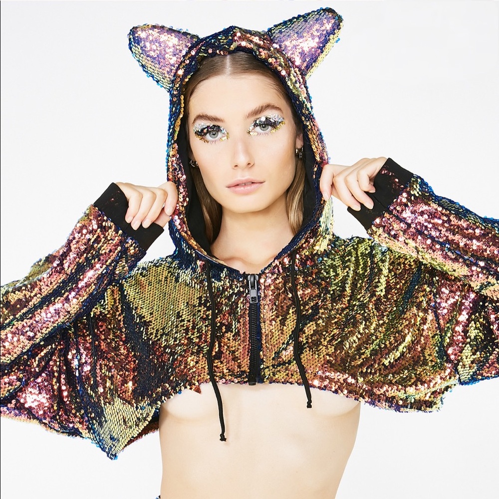 Dolls kill Club Exx Sinful starfire gold sequined  cropped hoodie and boy shorts